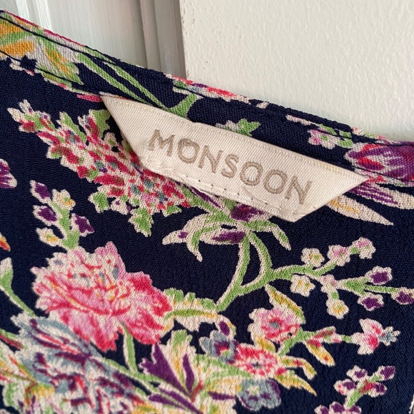 Y2K Vintage Floral Mini Dress – Navy Blue with Pink & Green Print, 3/4 Sleeves - Picture 4 of 13